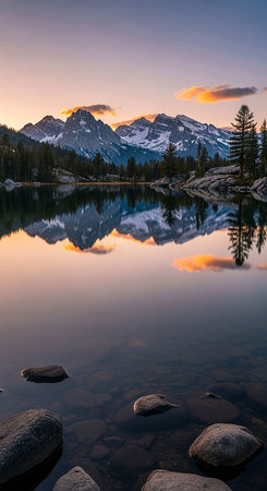 Mountain lake with reflection of the mountains in the water at sunsetの写真素材