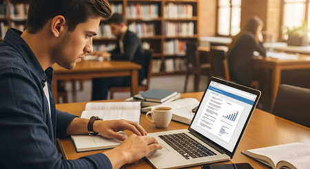 Side view of young man working on laptop while sitting at desk in library