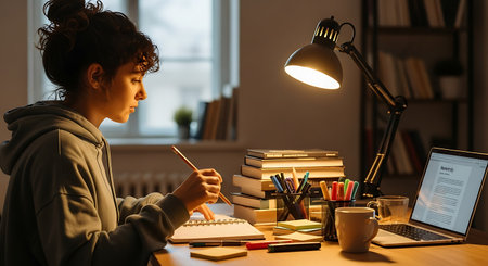 Side view of young female student writing in notepad while studying at homeの写真素材