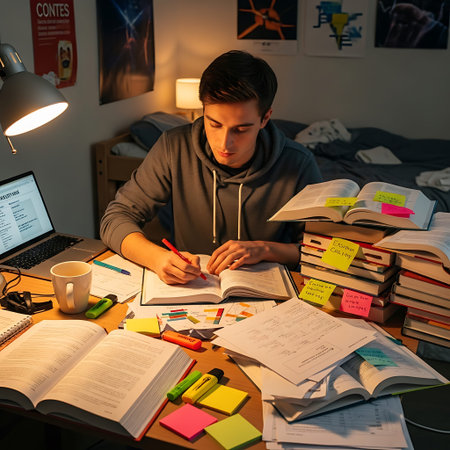 Teenage boy doing homework at home. He is sitting at a desk with books and notebooks.