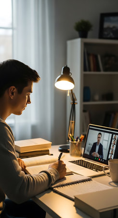selective focus of young man making video call with teacher at home