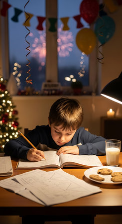 Cute little boy doing his homework at home during christmas time