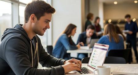 Side view of young man using laptop in office with colleagues on background