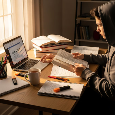 A young man in a hoodie is sitting at a table with a laptop, books and a cup of coffee. The concept of learning at home.の写真素材