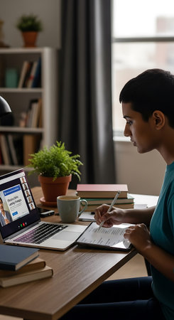 Side view of young Asian man working on laptop while sitting at table at home