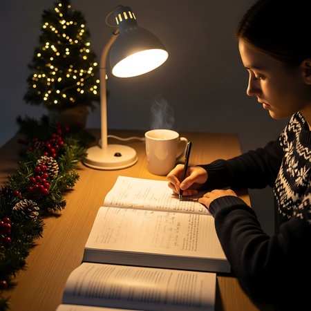 Young woman writing letter to Santa Claus at home with Christmas tree in background