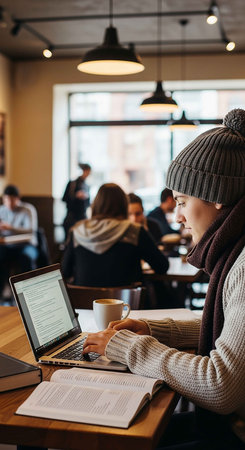 Young man using laptop and drinking coffee while sitting in coffee shop.