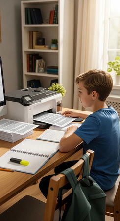Schoolboy doing homework at desk at home, back to school concept