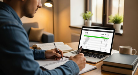 Man working on laptop at home office, he is checking financial documentsの写真素材