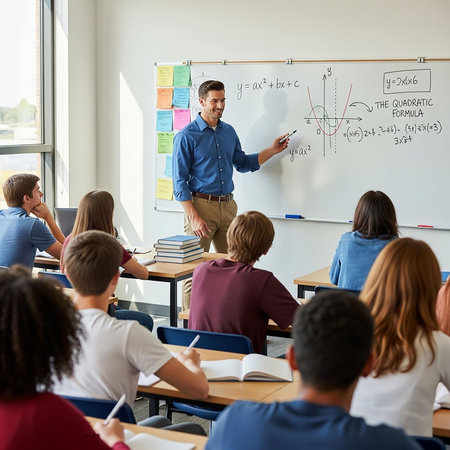 education, elementary school, learning and people concept - group of students with teacher writing on blackboard in classroomの写真素材