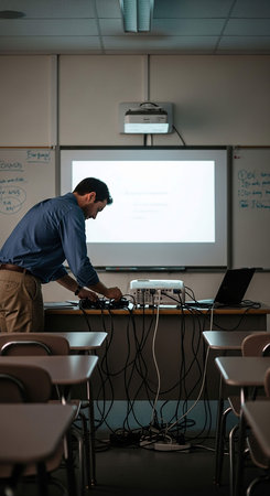 Side view of a male teacher writing on a whiteboard in a classroom