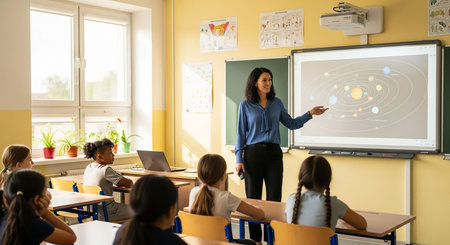 Female teacher giving presentation to children in classroom. Elementary school education concept