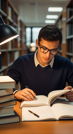 selective focus of man reading a book in the library