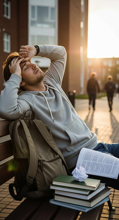 Tired student sleeping on bench with books and backpack in university campus