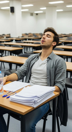 young man sleeping while sitting at table in lecture hall during break timeの写真素材