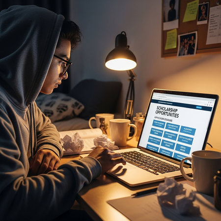 Teenage boy in hoodie sitting at table and using laptop with online education website on screen