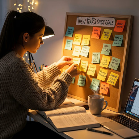 Young woman working at home, writing on sticky notes on the wall.