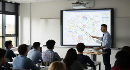 Businessman giving presentation in front of whiteboard during seminar in office
