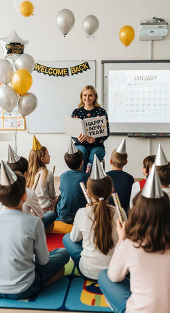 high angle view of teacher holding graduation cap during lesson in elementary school