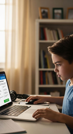 Boy using laptop at table in living room, closeup. Online education