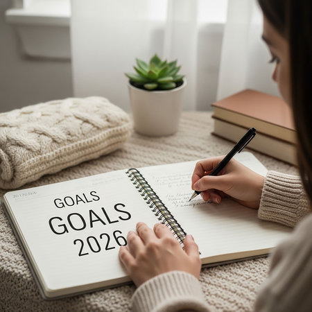 Girl writing goals for the new year in a notebook at home.