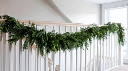 Decorated white stairs with christmas tree garland in modern houseの写真素材