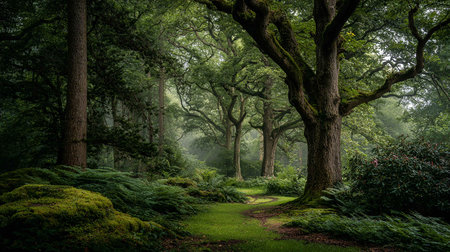 Beautiful forest in the morning. Panoramic image of a forest path.