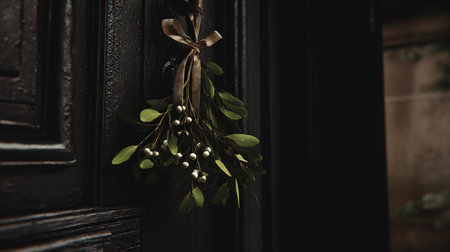 Mistletoe bouquet on black wooden door with copy space.の写真素材