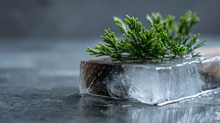 Green branch of thuja in ice cube on dark background.の写真素材