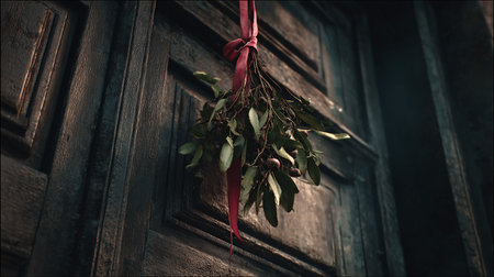 Bouquet of green leaves on the old wooden door.の写真素材