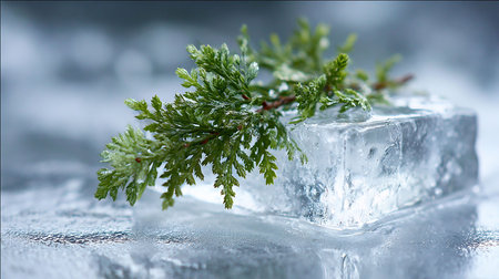 Ice cube with thuja branch on blue background, closeupの写真素材