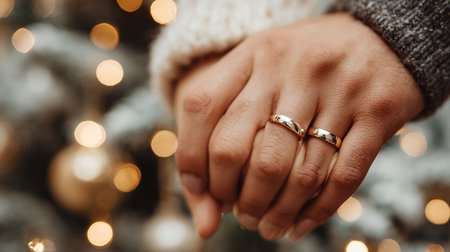 close up of woman hands with wedding rings on christmas tree backgroundの写真素材