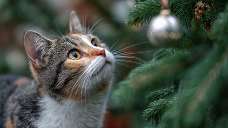 Cute cat sitting on the branches of a Christmas tree, close-up