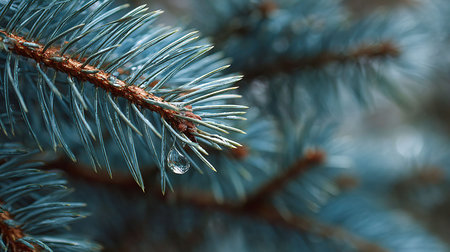 Branch of blue spruce with drops of water close-up