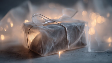 Gift box wrapped in white paper with bokeh lights on backgroundの写真素材