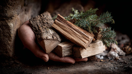 Hand holding a stack of firewood with spruce branches in the background