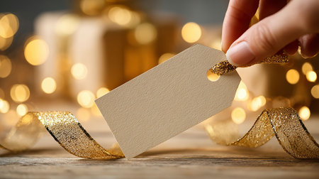 Blank gift tag with golden ribbons on bokeh backgroundの写真素材