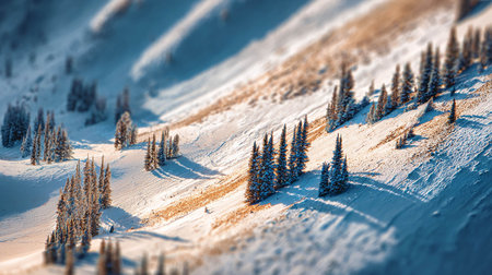 Mountain landscape with pine trees in the snow. Beautiful winter background