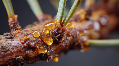 Pine branch with drops of resin on a black background. Macro