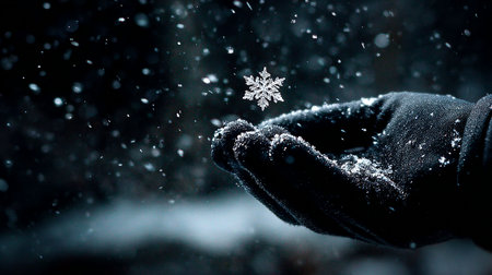 snowflakes in the hands of a man on a dark background