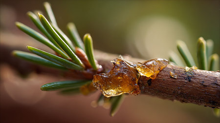 Pine branch with resin, macro shot, shallow depth of field
