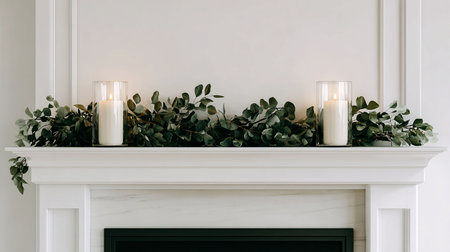 Burning candles and eucalyptus branches on white fireplaceの写真素材
