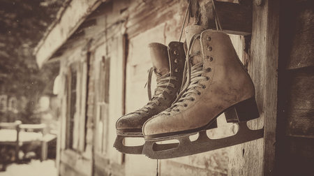 Vintage ice skates hanging on a wooden wall, retro style