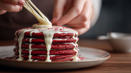 Woman decorating red velvet cake with cream on plate, closeupの写真素材