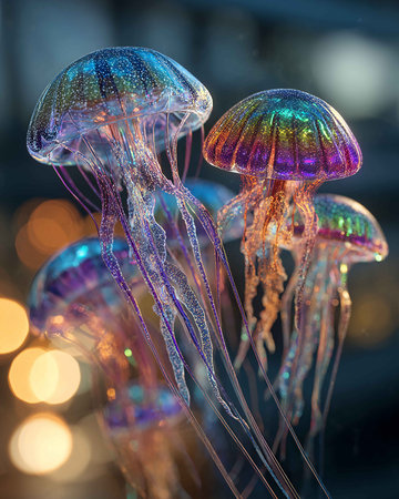Jellyfish in the sea against the background of the night city