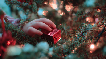 Little girl decorating a Christmas tree with red gift box. Selective focus.
