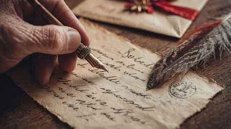 Old letter with quill pen and feather on a wooden table.