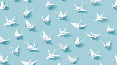 Seamless pattern with origami paper cranes on blue background