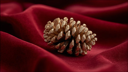 Golden pine cone on red satin background. Christmas and New Year concept.