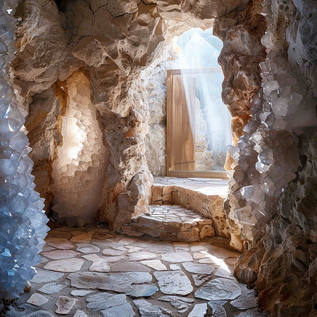 Interior of a cave with stone walls and wooden door. 3d renderingの写真素材